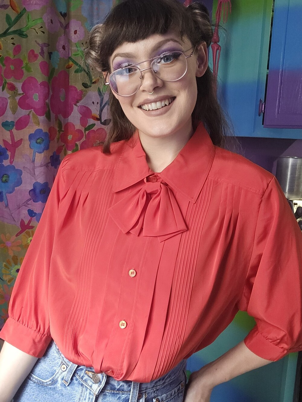 Vintage 80's Pussybow Tie Josephine Red Half Sleeve Blouse Shirt